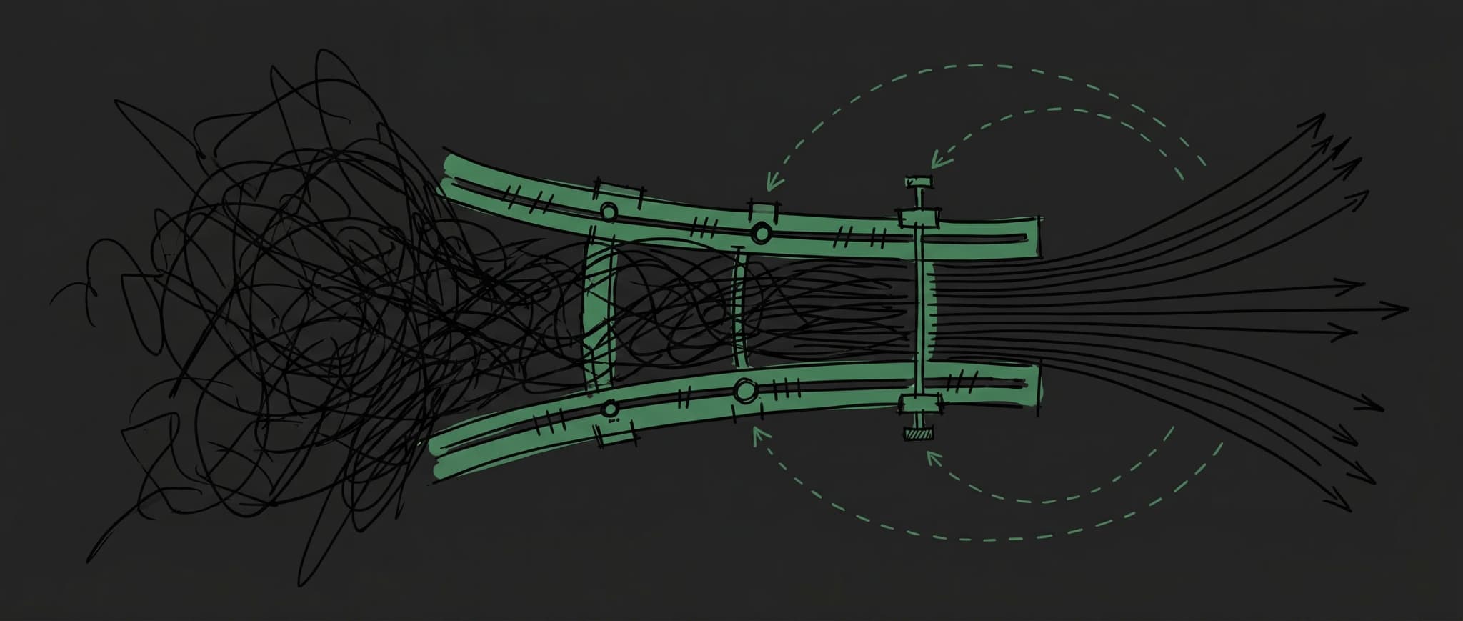 Editorial illustration of tangled chaotic ink strokes funneling through green mechanical guide rails into clean directed arrows, with dashed green feedback arcs looping back