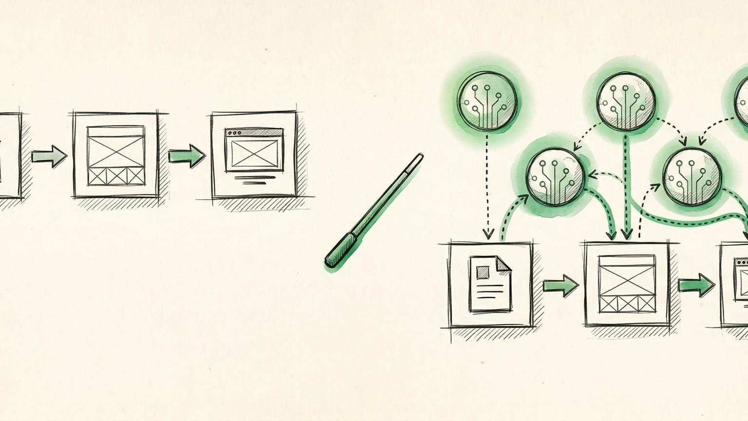 Hand-drawn sketch showing two parallel tracks — a traditional design pipeline above and an agent-mediated product layer below, connected by arrows and annotation marks