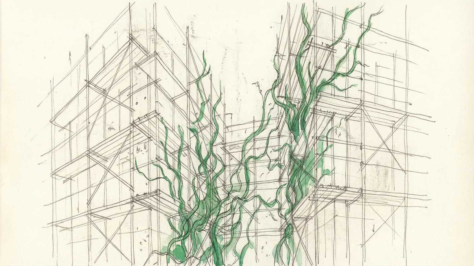 Abstract illustration of scaffolding and construction frames with organic growing elements representing craft and creation