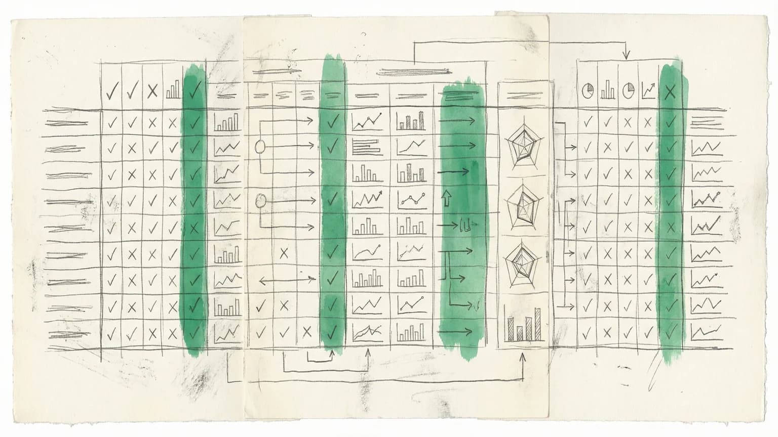Hand-drawn sketch of hidden assumptions being revealed through weighted scoring framework with green highlights