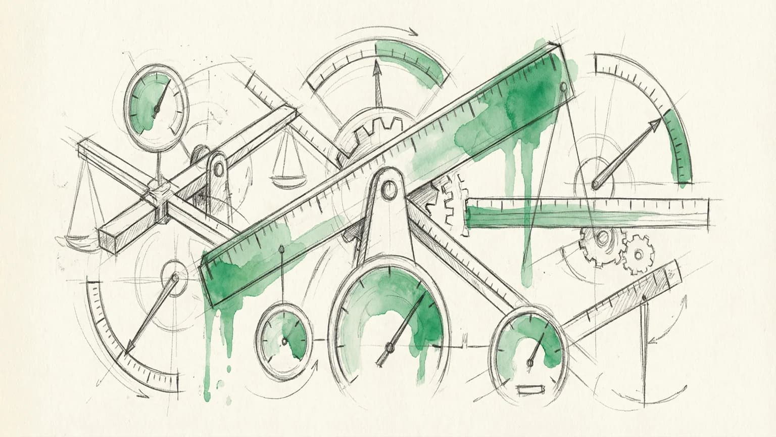 Hand-drawn sketch of weighted scales with multiple dimensions feeding into a scoring dial with green accent