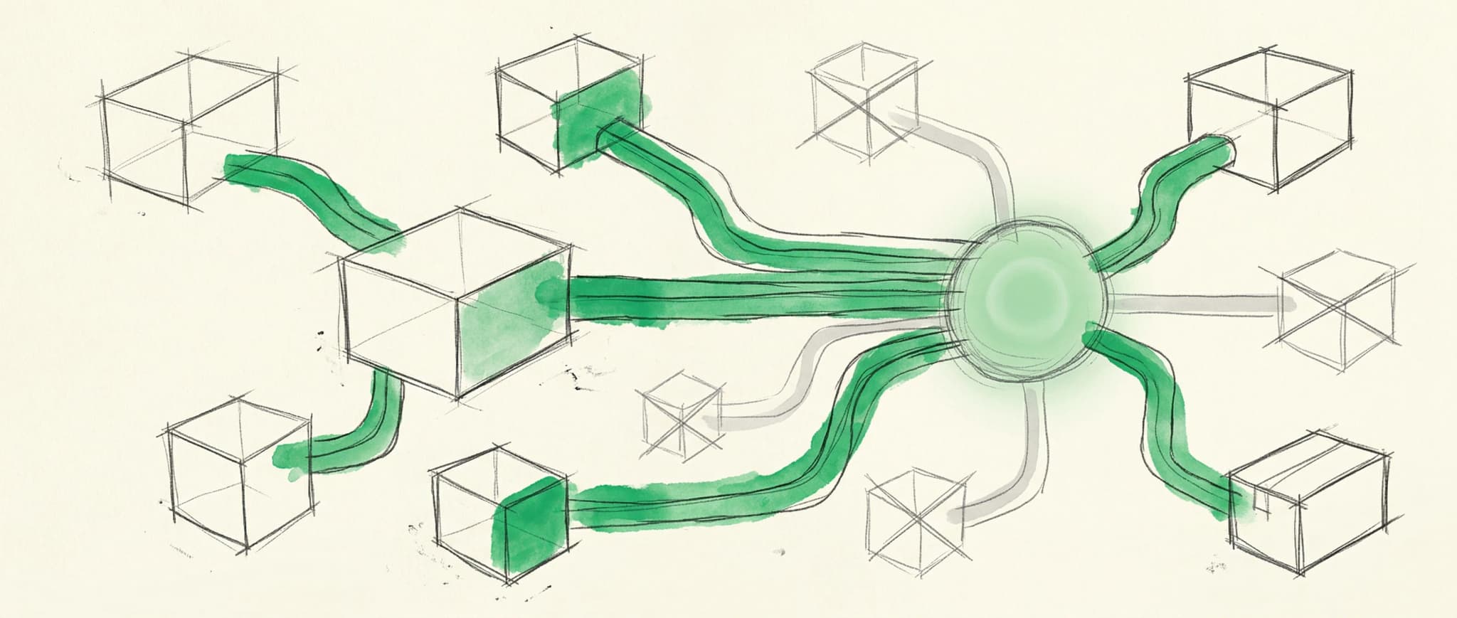 Abstract editorial illustration of context flowing between isolated tools and a central agent, with geometric network nodes and data streams in muted green and gray