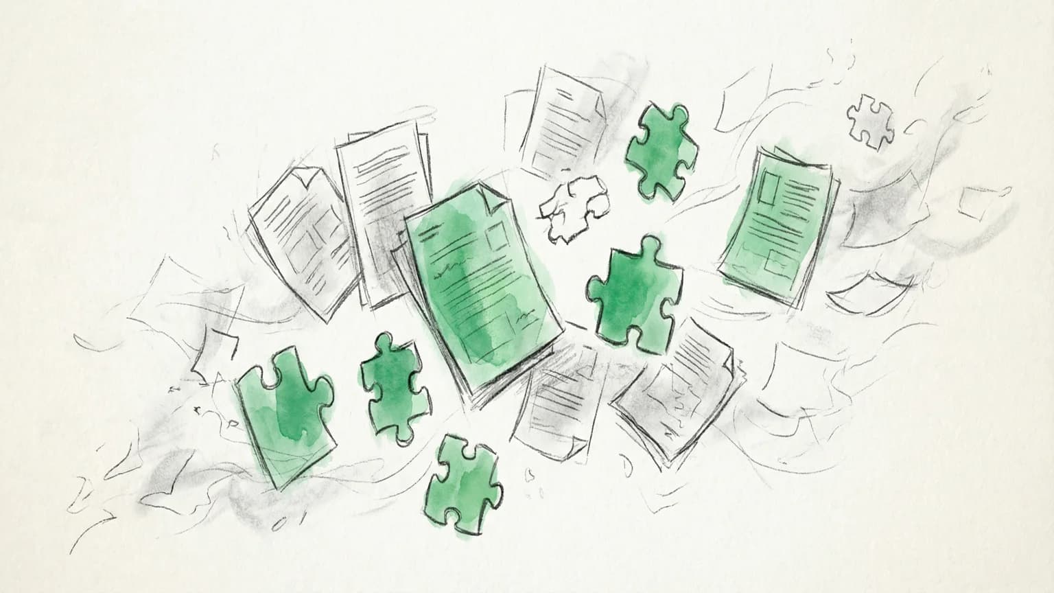 Hand-drawn sketch of scattered documents with some fading away, key pieces preserved in green