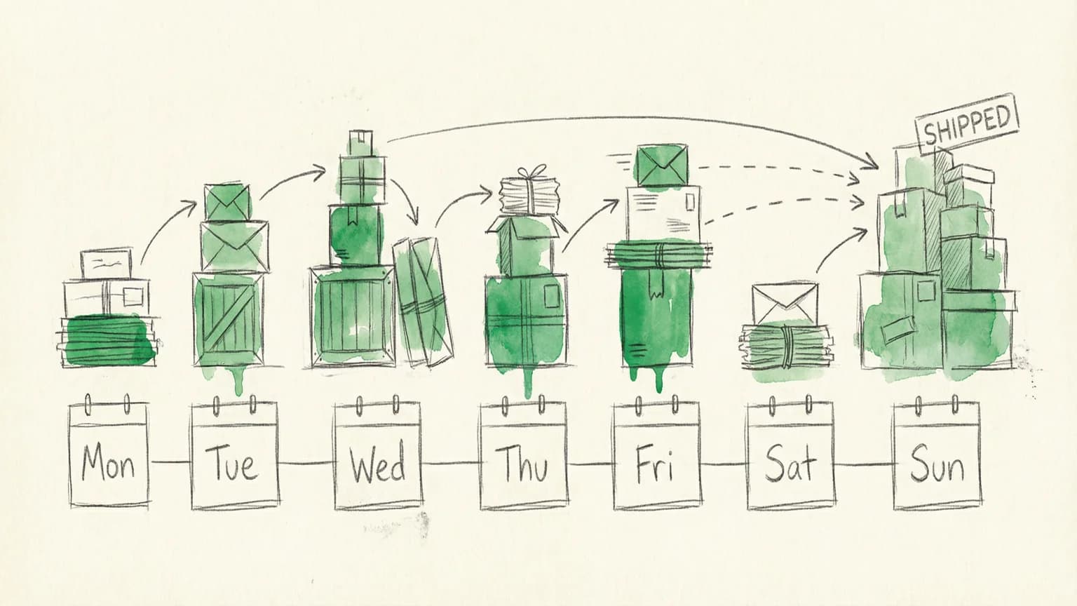 Hand-drawn sketch of calendar pages turning with highlighted weekly milestones in green