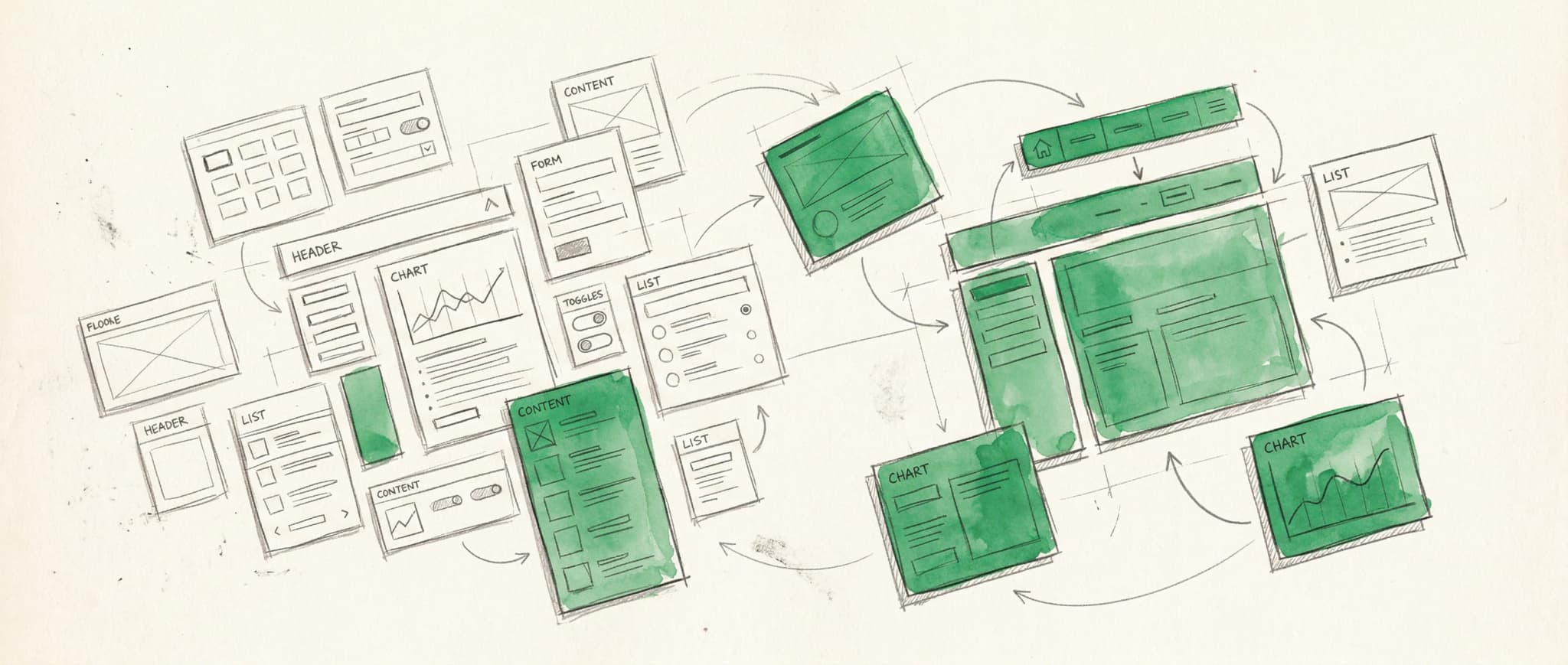 Abstract editorial illustration of modular interface nodes being rearranged by a user, with muted green accent on dark background suggesting product extension and customization